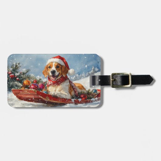 American English Foxhound in Sledge Kerstmis Bagagelabel (Voorkant horizontaal)