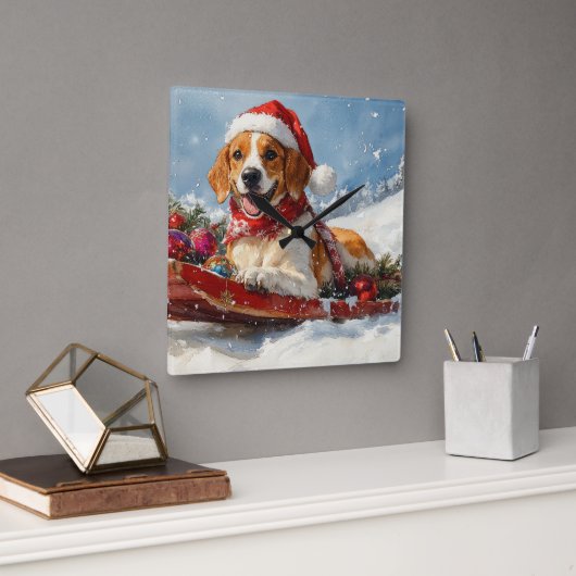 American English Foxhound in slee Christmas Vierkante Klok (Kantoor)