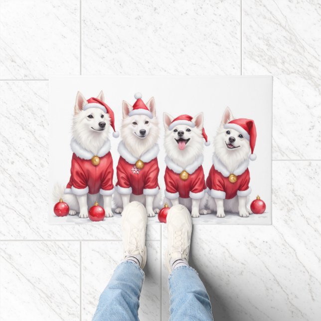 American Eskimo Dog Christmas Dress Santa Hat Deurmat (Binnen)