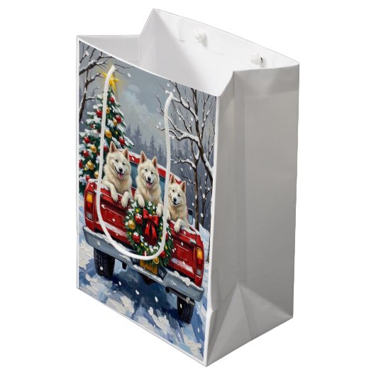 American Eskimo Dog Christmas Red Truck Holiday Medium Cadeauzakje (Voorkant Gekanteld)