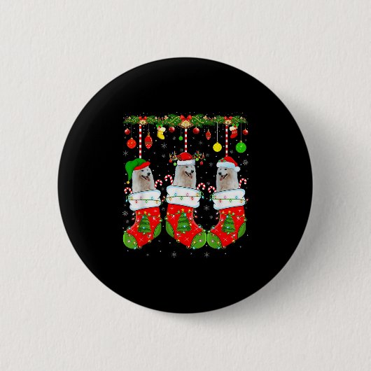 American Eskimo Dog In Christmas Socks Funny Dog L Ronde Button 5,7 Cm (Voorkant)