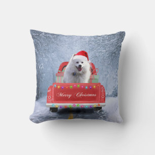 American Eskimo Dog in Snow, met Kerstmis als kers Kussen