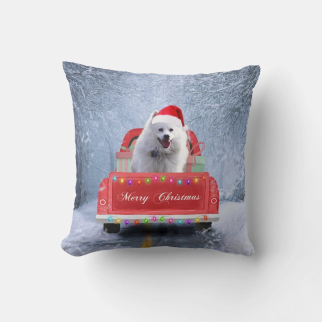 American Eskimo Dog in Snow, met Kerstmis als kers Kussen (Voorkant)