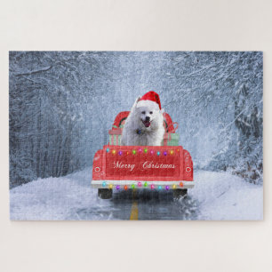 American Eskimo Dog in Snow, met Kerstmis als kers Legpuzzel