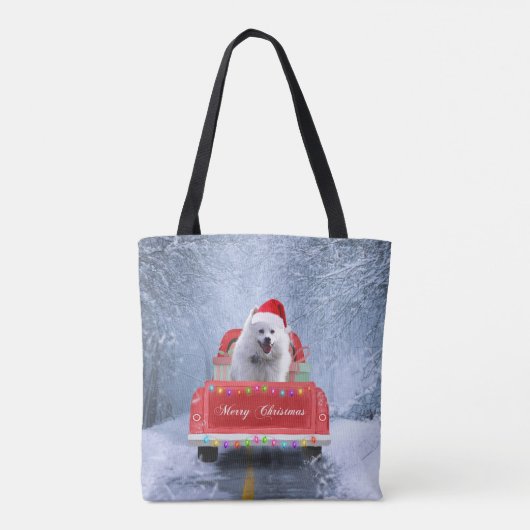 American Eskimo Dog in Snow, met Kerstmis als kers Tote Bag (Achterkant)