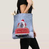 American Eskimo Dog in Snow, met Kerstmis als kers Tote Bag (Dichtbij)