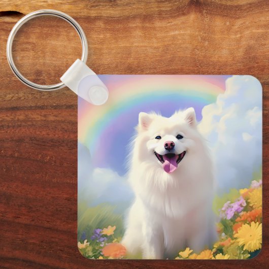 American Eskimo Dog Memorial Aangepaste Naam Regen Sleutelhanger (Voorkant)