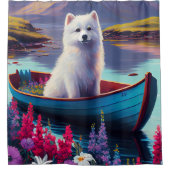 American Eskimo Dog on Paddle: Een Schilderachtig  Douchegordijn (Voorkant)