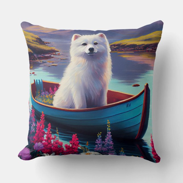 American Eskimo Dog on Paddle: Een Schilderachtig  Kussen (Voorkant)