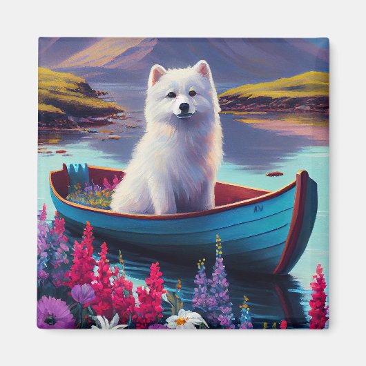 American Eskimo Dog on Paddle: Een Schilderachtig Magneet (Voorkant)