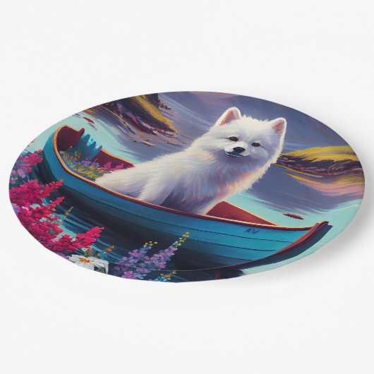 American Eskimo Dog on Paddle: Een Schilderachtig  Papieren Bordje (Gekanteld)