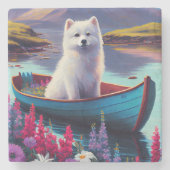 American Eskimo Dog on Paddle: Een Schilderachtig  Stenen Onderzetter (Voorkant)