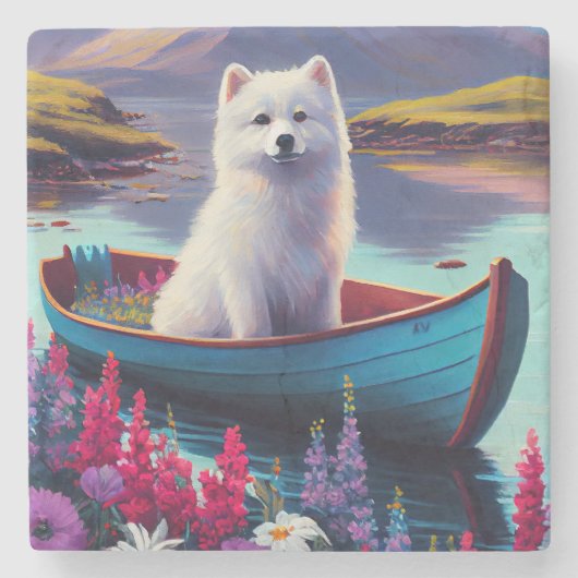 American Eskimo Dog on Paddle: Een Schilderachtig  Stenen Onderzetter (Voorkant)