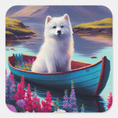 American Eskimo Dog on Paddle: Een Schilderachtig  Vierkante Sticker (Voorkant)