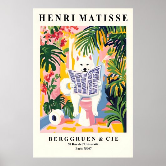 American Eskimo Dog on Toilet Funny Bathroom Print (Voorkant)