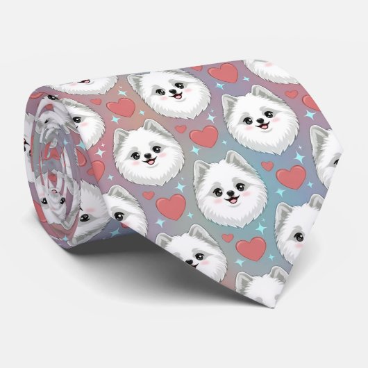 American Eskimo Dog Valentine Hearts Pattern Cute Stropdas (Opgerold)