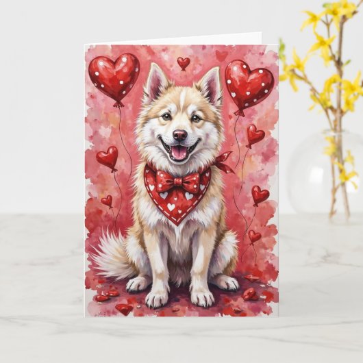 American Eskimo Dog Valentine’s Day with Hearts Kaart (Gele Bloem)
