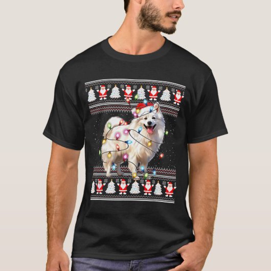 American Eskimo Dog Xmas Lights Ugly Sweater Chris T-shirt (Voorkant)