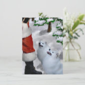 American Eskimo Dogs Ontmoet Santa Christmas Kaart (Staand voorkant)