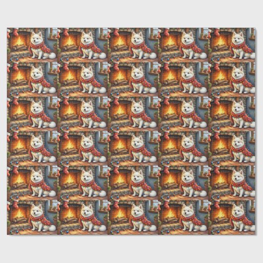 American Eskimo Fireplace with Christmas Lights Cadeaupapier (Vlak)