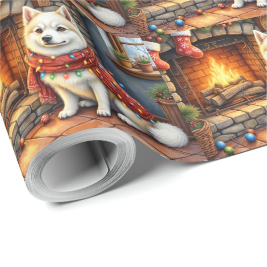 American Eskimo Fireplace with Christmas Lights Cadeaupapier (Rol Hoek)