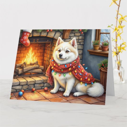 American Eskimo Fireplace with Christmas Lights Kaart (Gele Bloem)