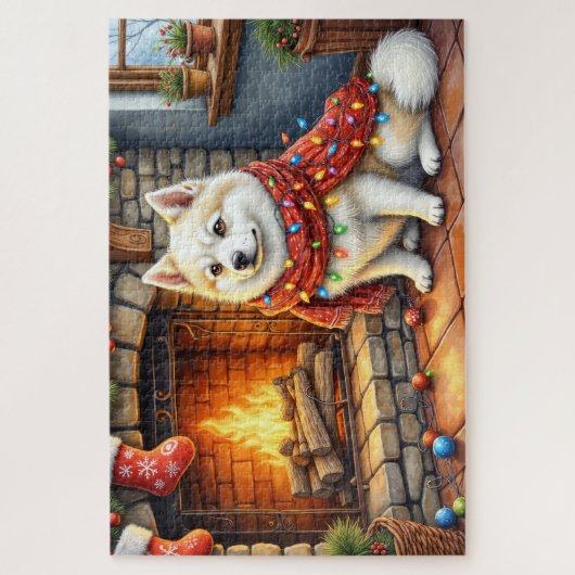 American Eskimo Fireplace with Christmas Lights Legpuzzel (Verticaal)