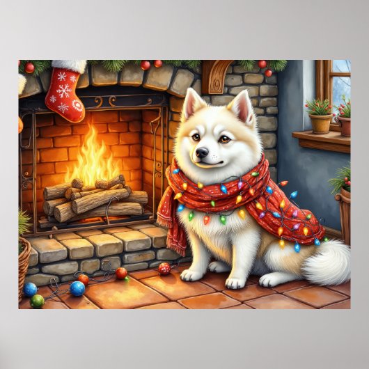 American Eskimo Fireplace with Christmas Lights Poster (Voorkant)