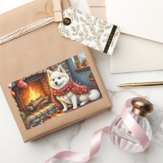 American Eskimo Fireplace with Christmas Lights Rechthoekige Sticker (Geschenken)