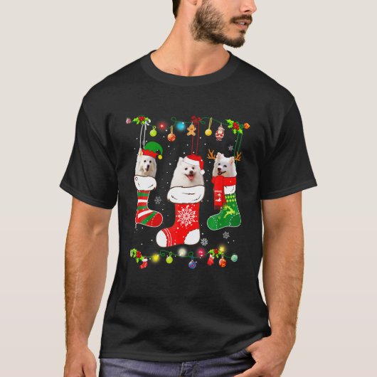American Eskimo kerstlights Funny Puppy Xmas T-shirt (Voorkant)