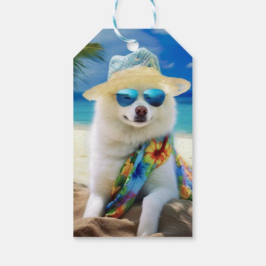 American Eskimo op Beach, zomercadeau voor hondenl Cadeaulabel (Achterkant)