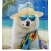 American Eskimo op Beach, zomercadeau voor hondenl Douchegordijn (Voorkant)