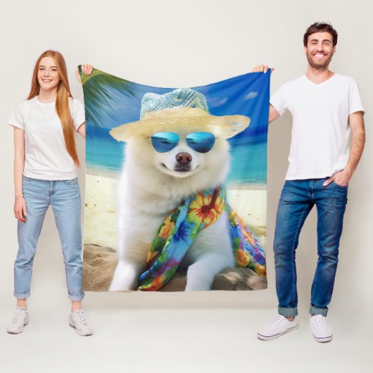 American Eskimo op Beach, zomercadeau voor hondenl Fleece Deken (In situ)