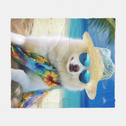 American Eskimo op Beach, zomercadeau voor hondenl Fleece Deken (Voorkant (Horizontaal))