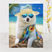 American Eskimo op Beach, zomercadeau voor hondenl Kaart (Gele Bloem)