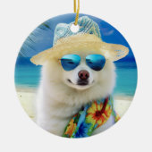 American Eskimo op Beach, zomercadeau voor hondenl Keramisch Ornament (Voorkant)