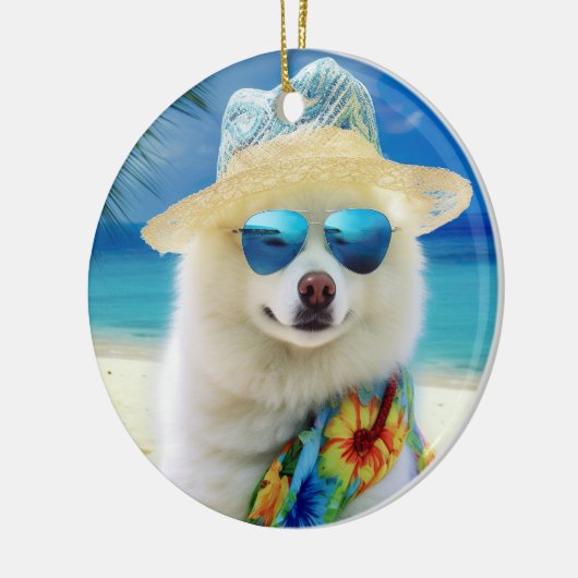 American Eskimo op Beach, zomercadeau voor hondenl Keramisch Ornament (Links)