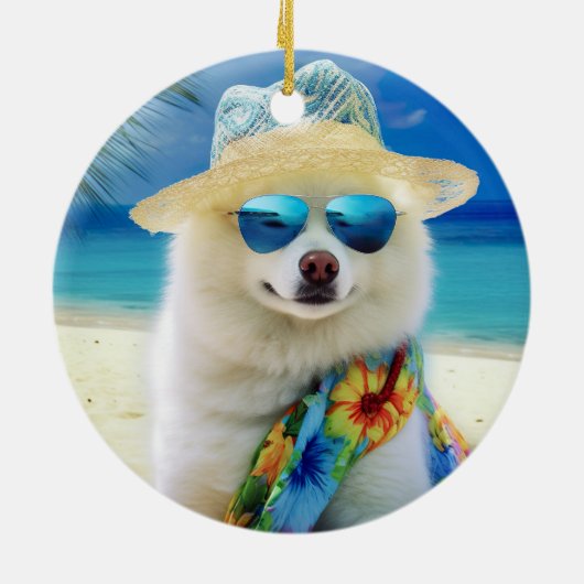 American Eskimo op Beach, zomercadeau voor hondenl Keramisch Ornament (Achterkant)
