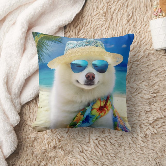American Eskimo op Beach, zomercadeau voor hondenl Kussen (Deken)