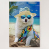 American Eskimo op Beach, zomercadeau voor hondenl Legpuzzel (Verticaal)