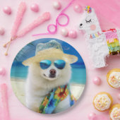 American Eskimo op Beach, zomercadeau voor hondenl Papieren Bordje (Feest)