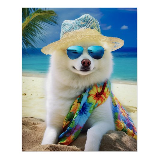 American Eskimo op Beach, zomercadeau voor hondenl Perfect Poster (Voorkant)