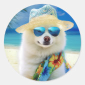 American Eskimo op Beach, zomercadeau voor hondenl Ronde Sticker (Voorkant)
