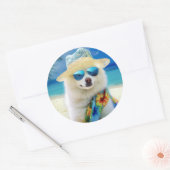 American Eskimo op Beach, zomercadeau voor hondenl Ronde Sticker (Envelop)