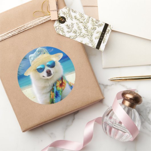American Eskimo op Beach, zomercadeau voor hondenl Ronde Sticker (Geschenken)