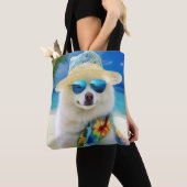 American Eskimo op Beach, zomercadeau voor hondenl Tote Bag (Dichtbij)