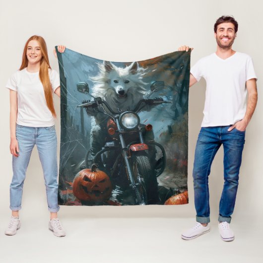 American Eskimo Riding Motorcycle Halloween Scary Fleece Deken (In situ)