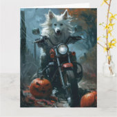 American Eskimo Riding Motorcycle Halloween Scary Kaart (Gele Bloem)