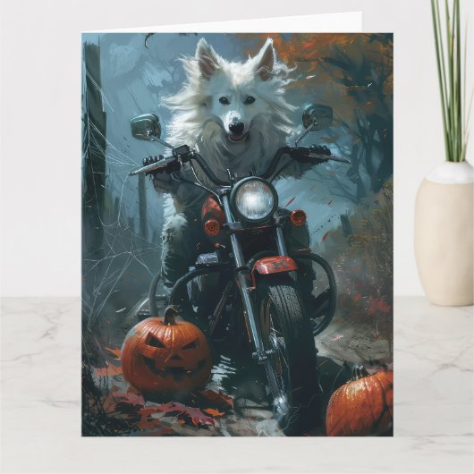 American Eskimo Riding Motorcycle Halloween Scary Kaart (Voorkant)