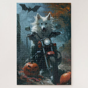 American Eskimo Riding Motorcycle Halloween Scary Legpuzzel